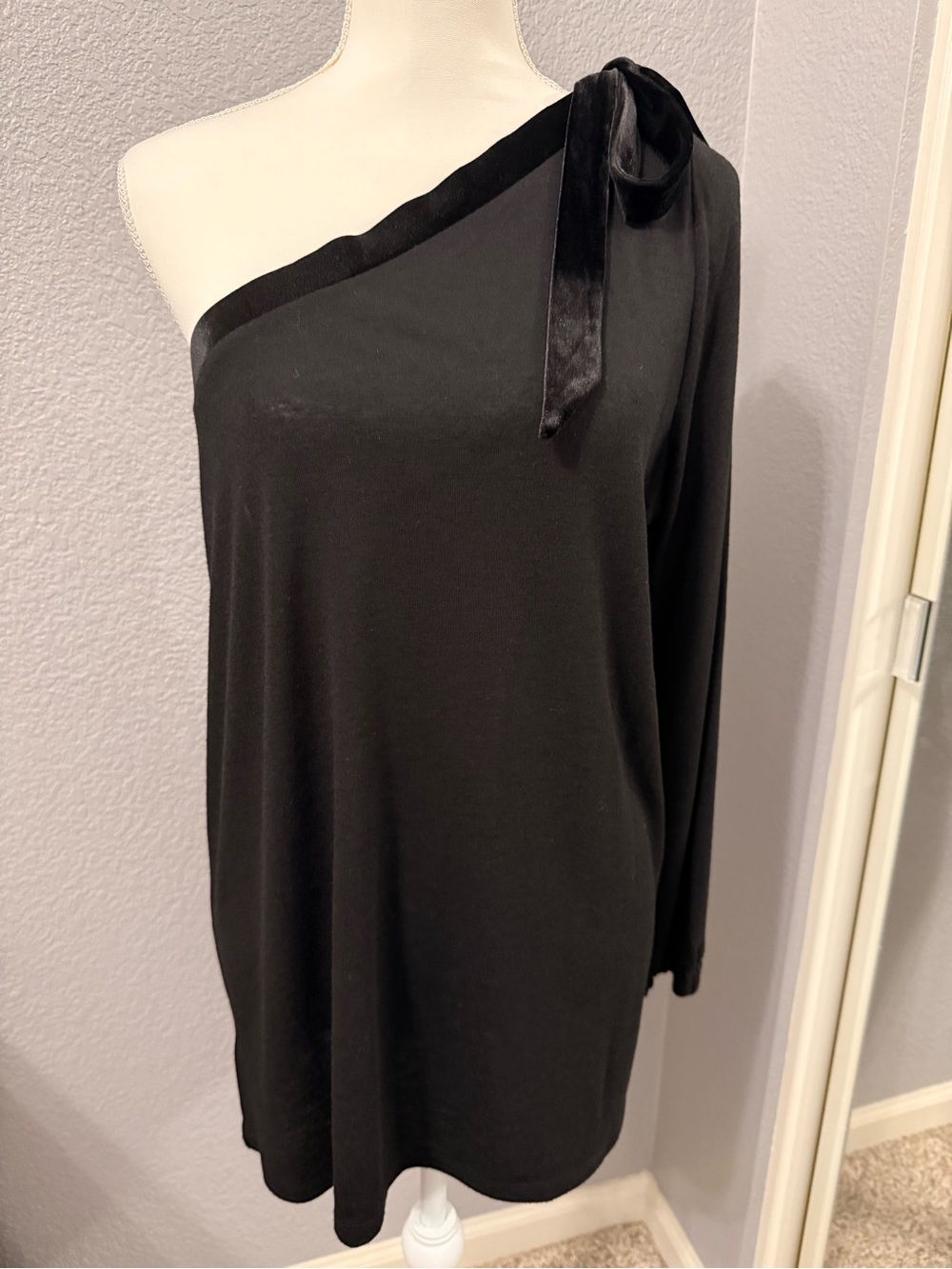 LOFT Black One-Shoulder Top with Velvet Trim